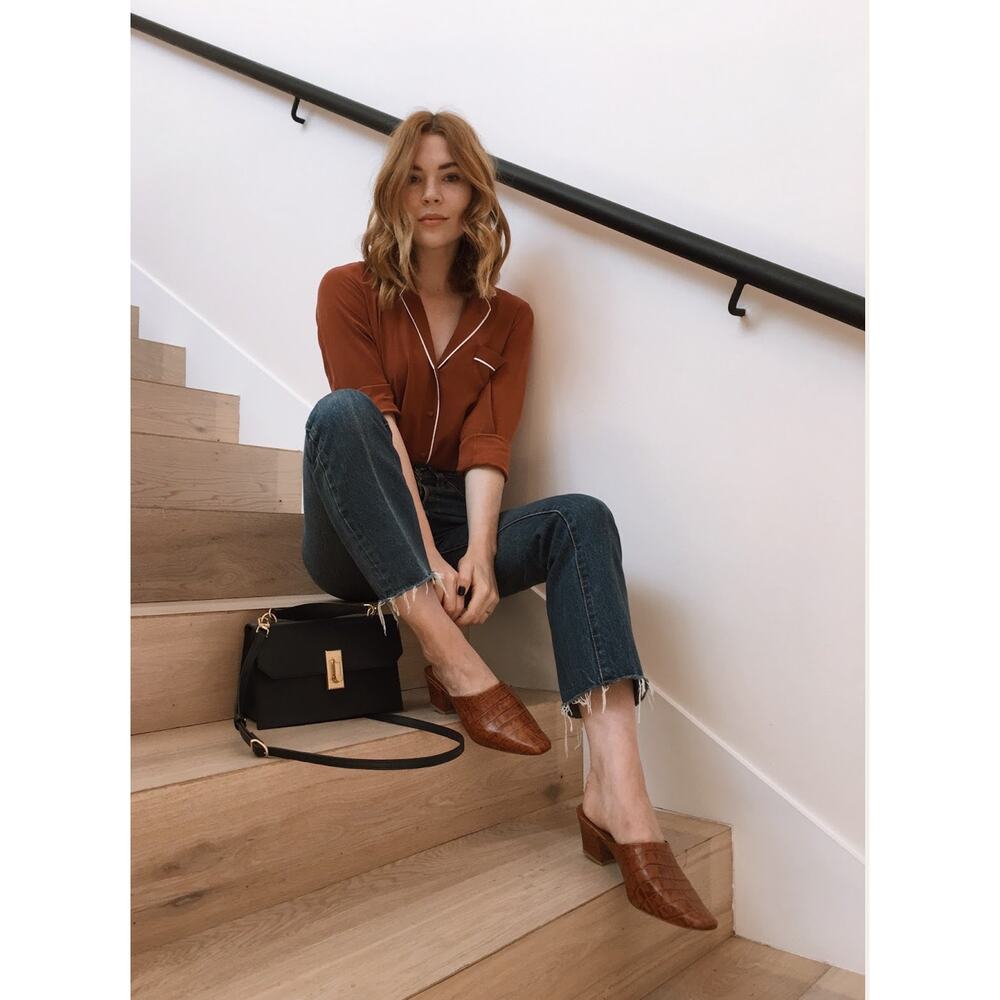 BY FAR Sienna Handmade Crocodile Embossed Brown Leather Slip On Mule Heel - 41